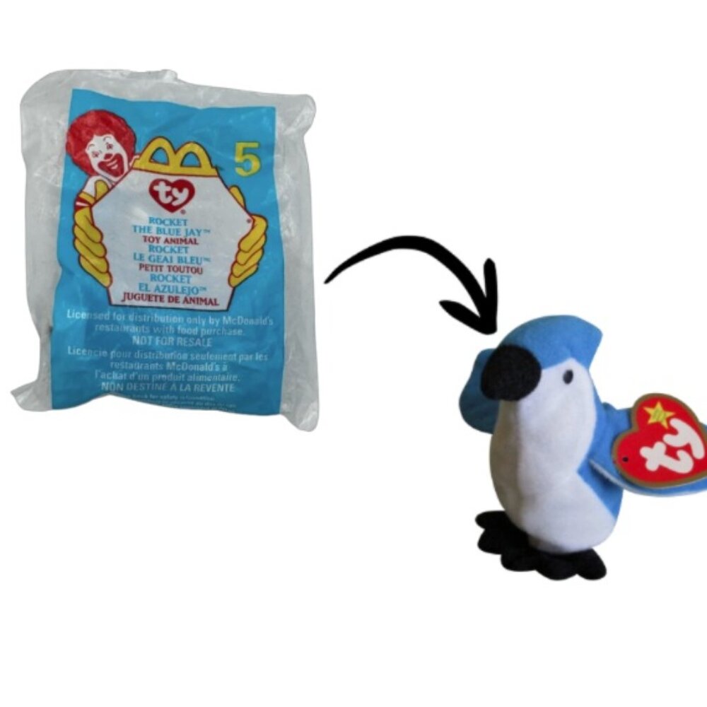 McDonalds: TY #5 ROCKET the Blue Jay‎ Bird Toy Beanie Baby Plush 1993 SEALED NEW